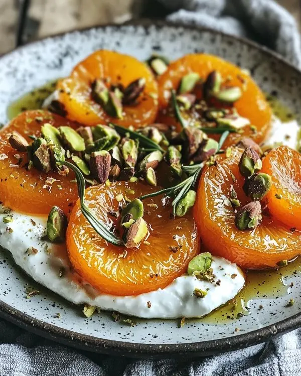 Abricots Rôtis au Romarin, Feta Fouettée & Pistaches