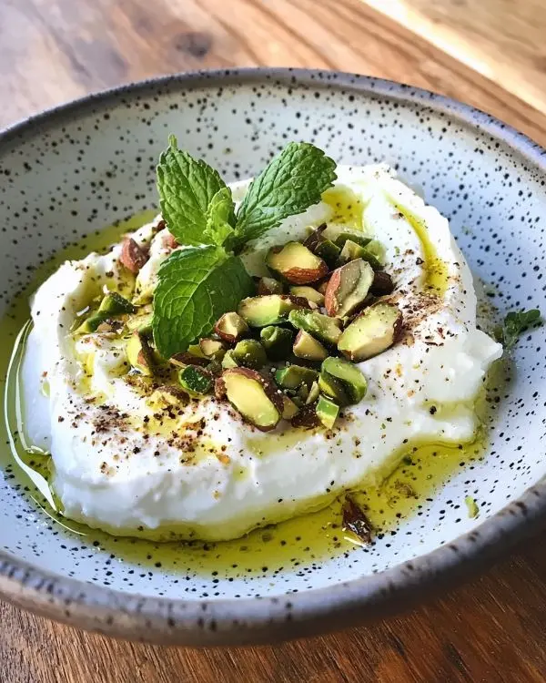 Burrata Crémeuse sur Gaspacho de Courgettes Jaunes 4 Burrata Crémeuse sur Gaspacho de Courgettes Jaunes, Éclats de Pistaches Grillées