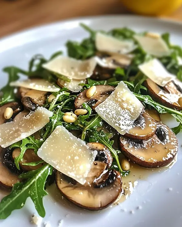 Carpaccio de Champignons de Paris aux copeaux de parmesan et pesto de roquette