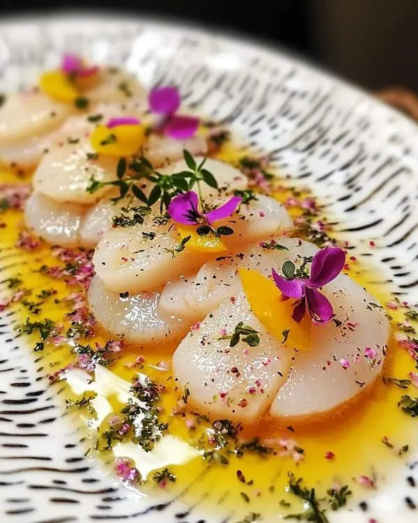 Carpaccio de Saint-Jacques, Vinaigrette à la Verveine, Pêche Blanche & Poivre Rose