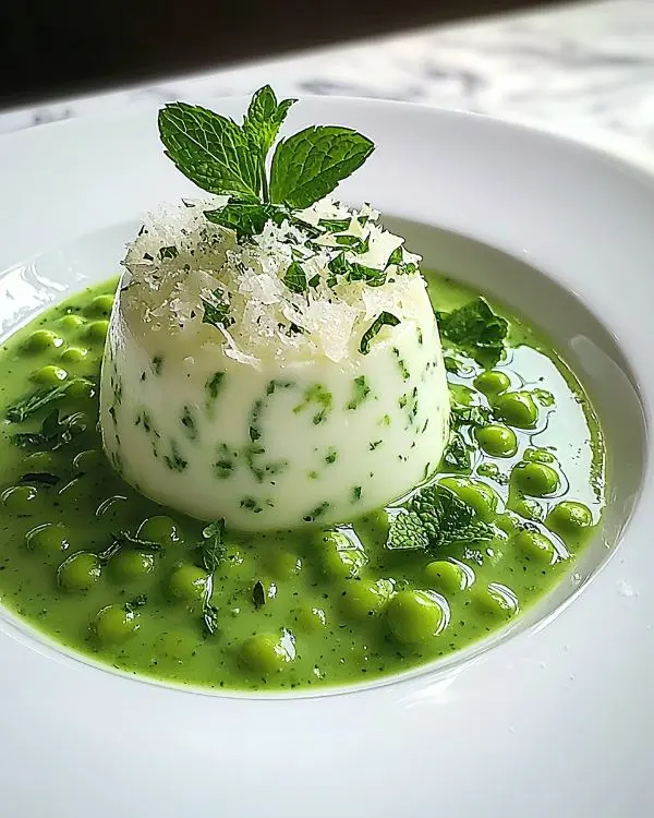 Île Flottante Salée au Parmesan sur Velouté Froid de Petits Pois à la Menthe