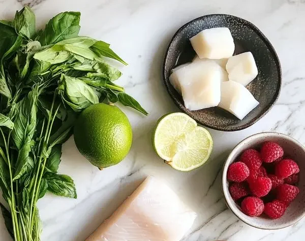 Ingrédients pour Ceviche de Bar au Litchi, Framboises et Combava