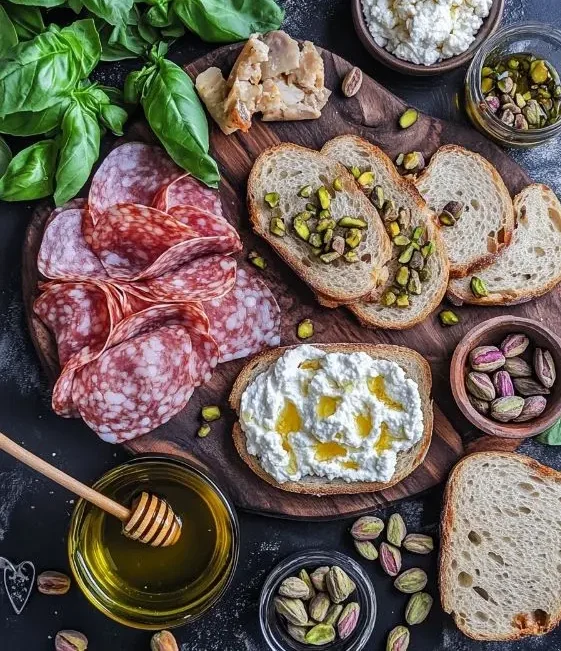 Tartines de Pain Grillé Ricotta Mortadelle 2 Ingrédients pour Tartines de Pain Grillé, Ricotta Fouettée, Mortadelle, Pesto de Pistache et Miel