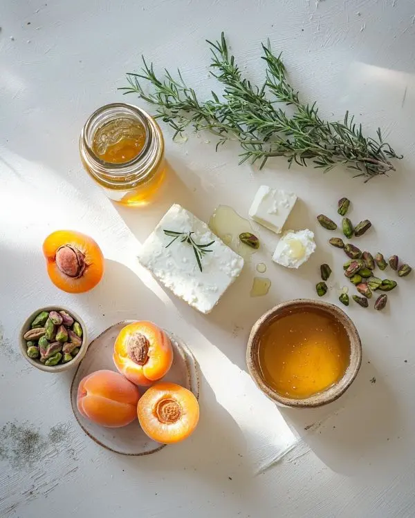 Les ingrédients pour Abricots Rôtis au Romarin, Feta Fouettée & Pistaches