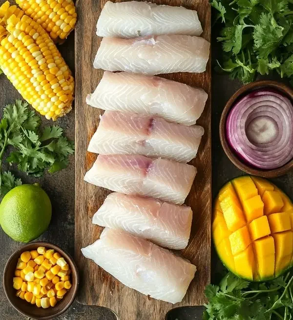 Les ingrédients pour Ceviche de Daurade, Leche de Tigre au Lait de Coco et à la Mangue, Maïs Grillé