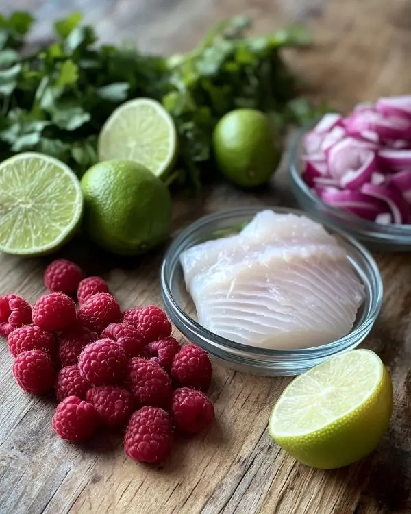 Les ingrédients pour Ceviche de Loup de Mer à la Framboise