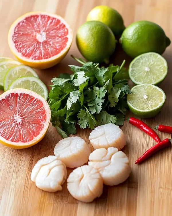 Ceviche de Saint-Jacques Pétillant 2 Les ingrédients pour ceviche de Saint-Jacques, leche de tigre pamplemousse rose & gingembre