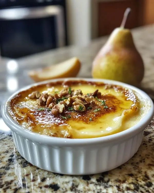 Recette Crème Brûlée Salée au Gorgonzola, Poire Caramélisée & Noix