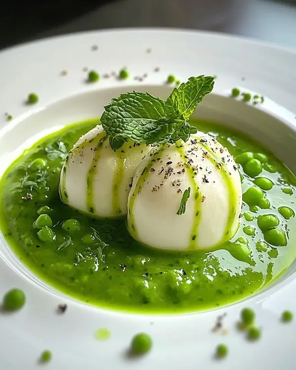 Recette Île Flottante Salée au Parmesan sur Velouté Froid de Petits Pois à la Menthe