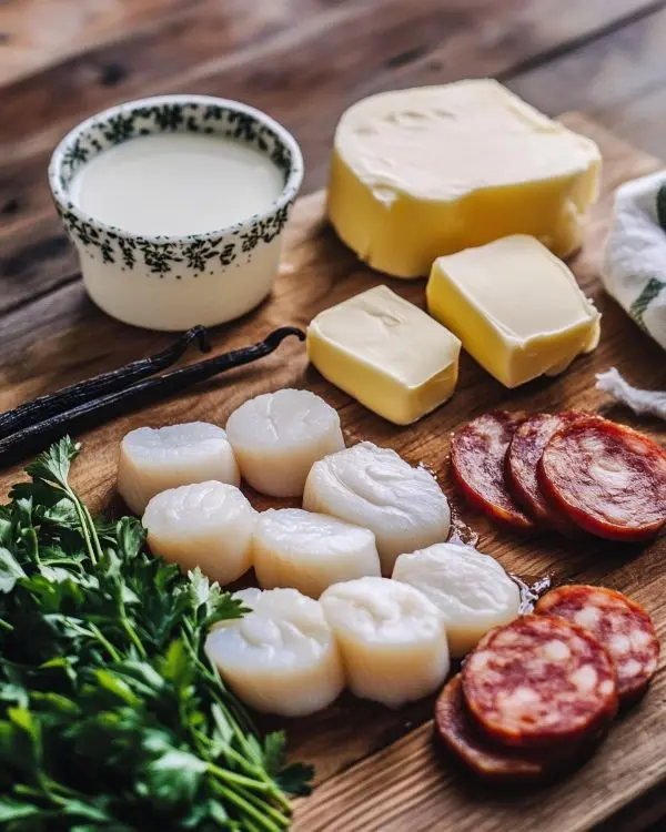 Recette Les Noix de Saint-Jacques Snackées, Mousseline de Panais à la Vanille et Chips de Chorizo