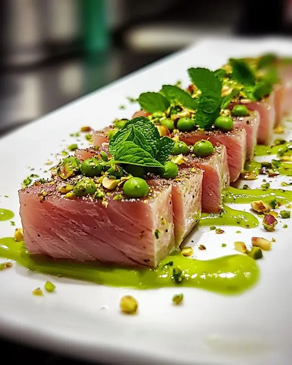 Recette Tataki de Thon, Crème de Petits Pois & Pistaches