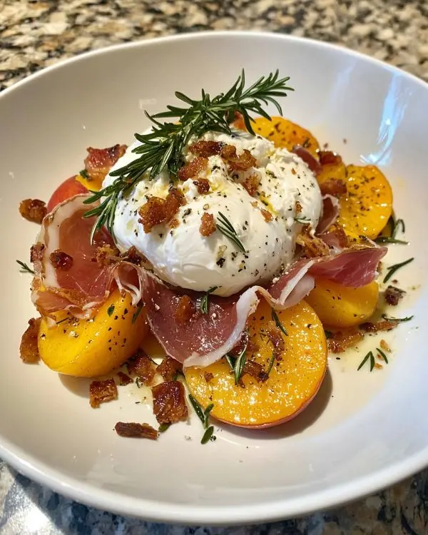 Burrata Crémeuse sur Pêches Rôties 4 Burrata Crémeuse sur Pêches Rôties au Romarin & Crumble de Jambon Cru