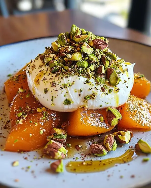 Burrata sur Carpaccio de Kaki, Vinaigrette au Miel & Za'atar, Éclats de Pistaches