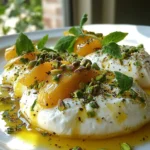 Recettes Burratas Créatives & Fromages Frais 24 Burrata sur Carpaccio de Pêches Blanches Rôties au Thym, Vinaigrette à la Verveine & Éclats de Pistaches