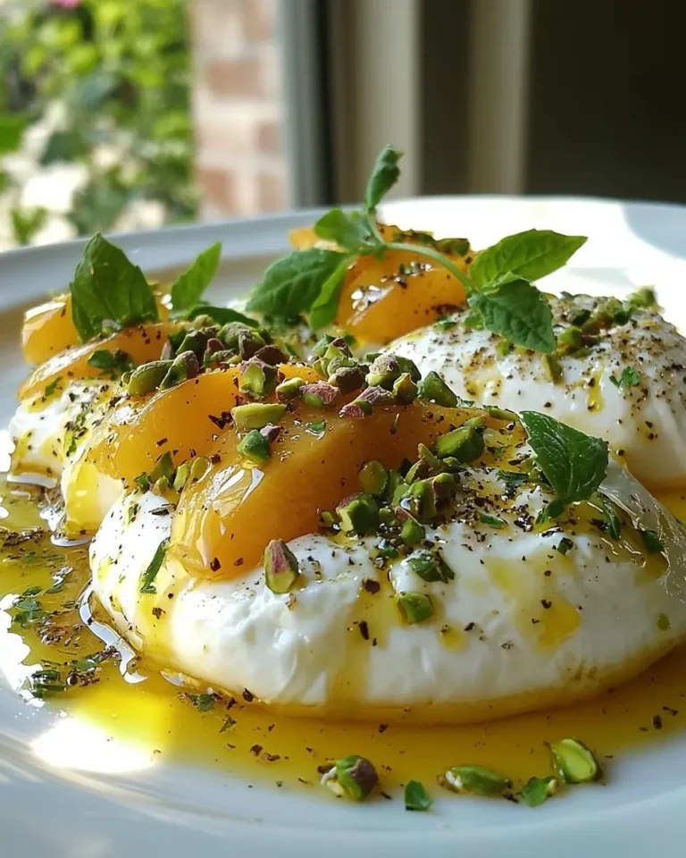 Burrata sur Carpaccio de Pêches Blanches Rôties au Thym, Vinaigrette à la Verveine & Éclats de Pistaches