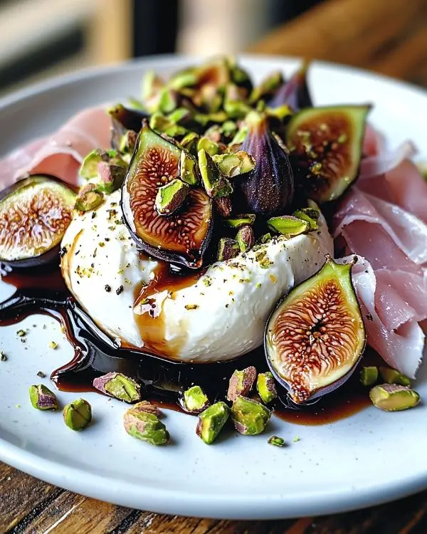 Burrata sur Figues Rôties au Balsamique avec jambon de Parme et éclats de pistaches