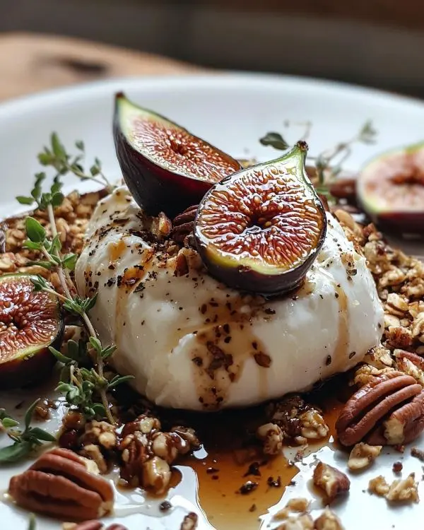 Burrata sur Figues Rôties au Miel & au Thym 4 Burrata sur Figues Rôties au Miel & au Thym avec Granola Salé aux Noix de Pécan