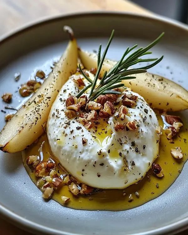 Burrata sur Poires Rôties au Miel & Romarin, Éclats de Noisettes
