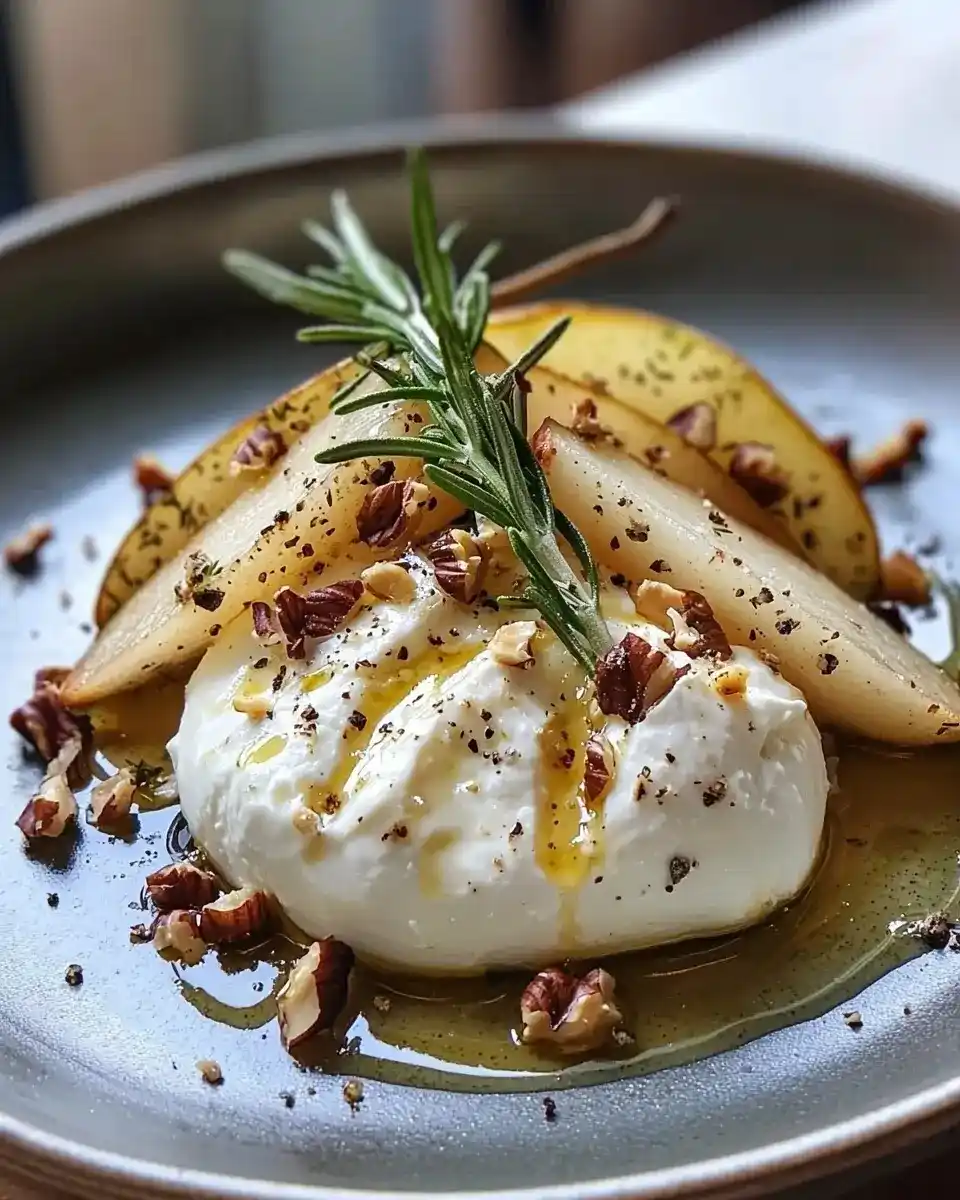 Burrata sur Poires Rôties au Miel & Romarin