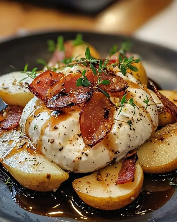 Burrata sur Poires Rôties au Thym, Pancetta Grillée & Sirop d'Érable