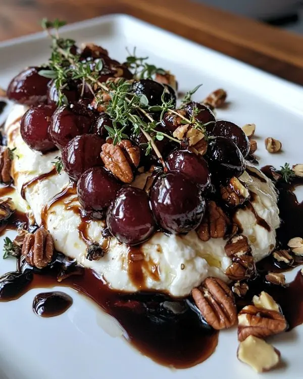 Burrata sur Raisins Rôtis au Thym, Éclats de Noix et Réduction de Balsamique