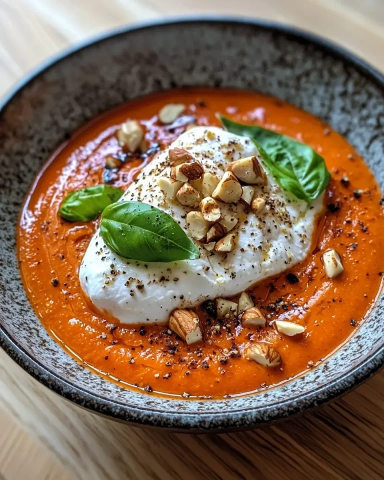 Burrata sur Velouté Glacé de Poivron Rouge Rôti