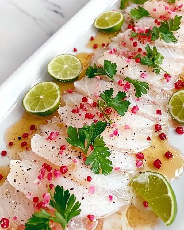 Carpaccio de Bar, Vinaigrette Litchi-Rose & Baies Roses