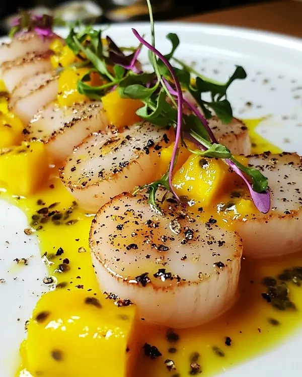 Carpaccio de Saint-Jacques, Vinaigrette Mangue-Passion & Poivre de Timut