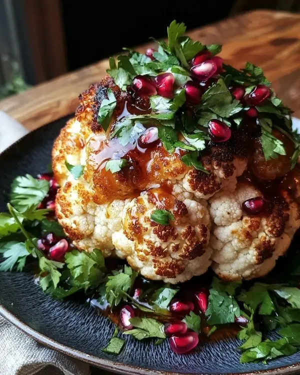 Chou-fleur Rôti Entier Miso-Érable caramélisé, sauce yaourt au tahini et grenade éclatante