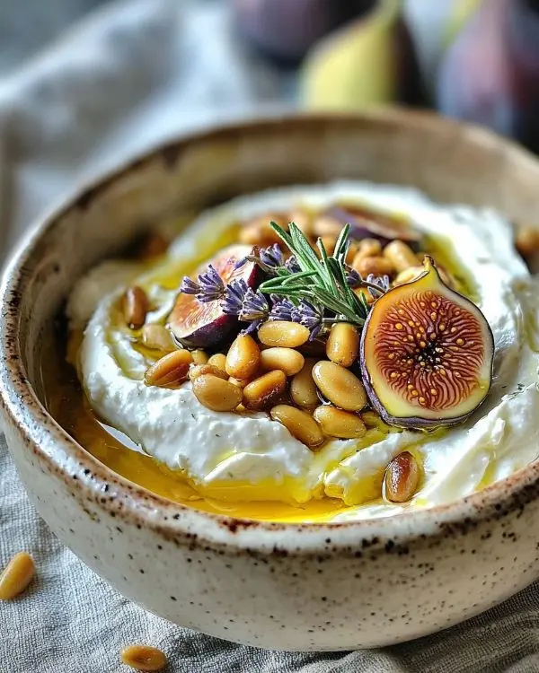 Feta Fouettée au Miel de Lavande Sublime 4 Feta Fouettée au Miel de Lavande, figues fraîches et pignons grillés