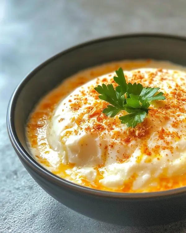 Île Flottante Salée au Parmesan sur Gaspacho de Poivrons Jaunes
