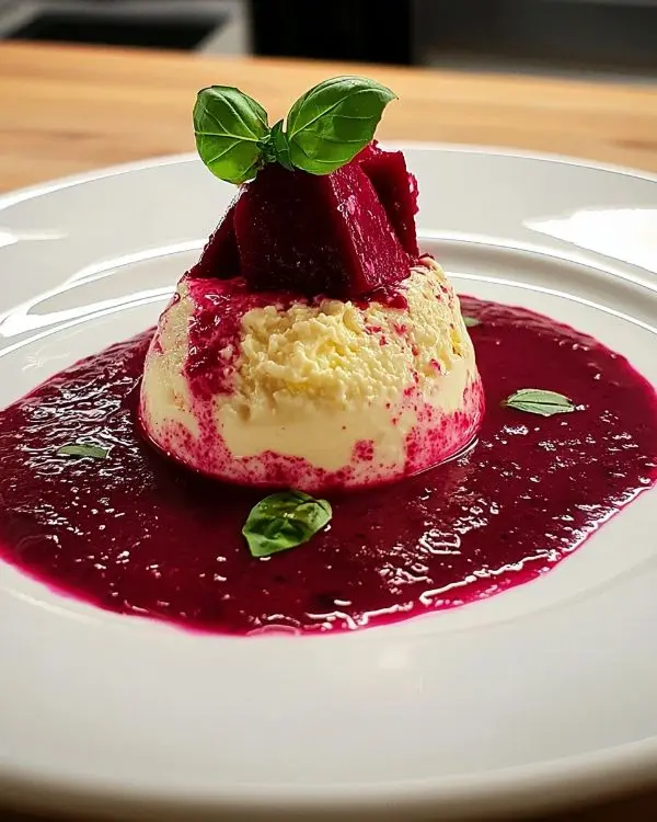 Île Flottante Salée au Parmesan sur Velouté Glacé de Betterave & Gingembre