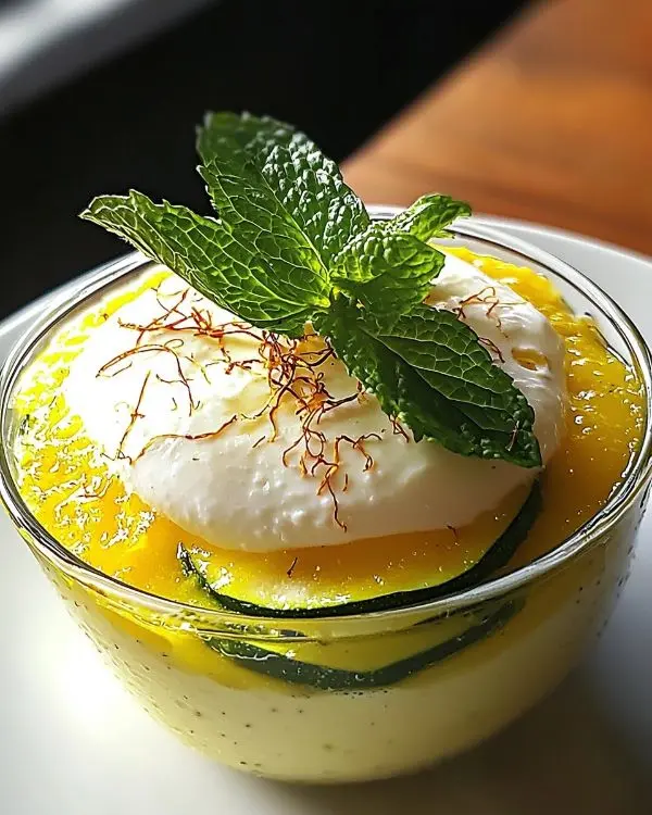 Île Flottante Salée au Safran sur Velouté Froid de Courgette à la Menthe