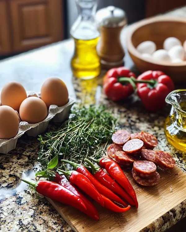 Ingredients pour Île Flottante Salée au Chorizo sur Velouté Froid de Poivrons Rouges