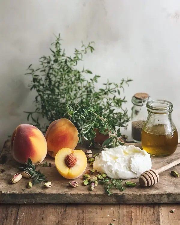 Les ingrédients for Burrata sur Carpaccio de Pêches Blanches Rôties au Thym, Vinaigrette à la Verveine & Éclats de Pistaches