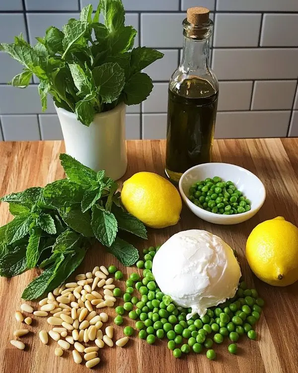 Les ingrédients pour Burrata sur Velouté Glacé de Petits Pois à la Menthe