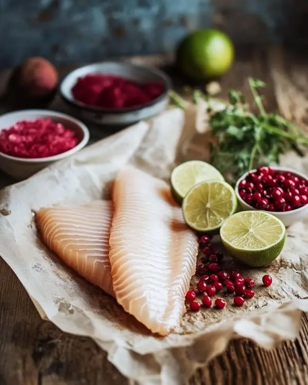 Les ingrédients pour Carpaccio de Bar, Vinaigrette Litchi-Rose & Baies Roses