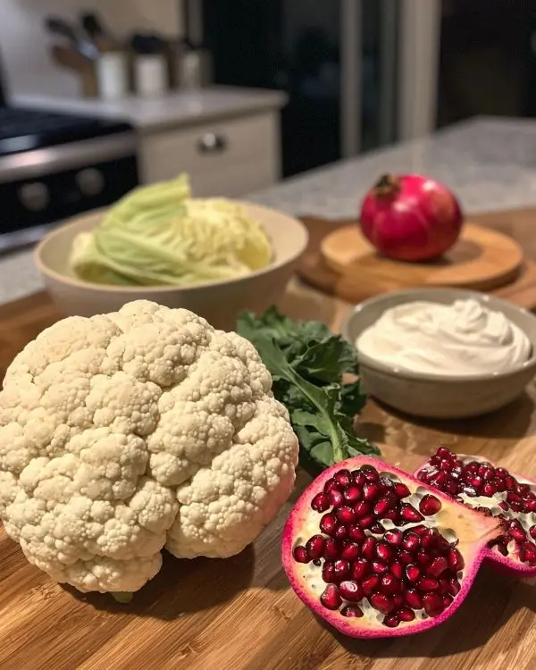 Les ingrédients pour Chou-fleur Rôti Entier Miso-Érable caramélisé, sauce yaourt au tahini et grenade éclatante