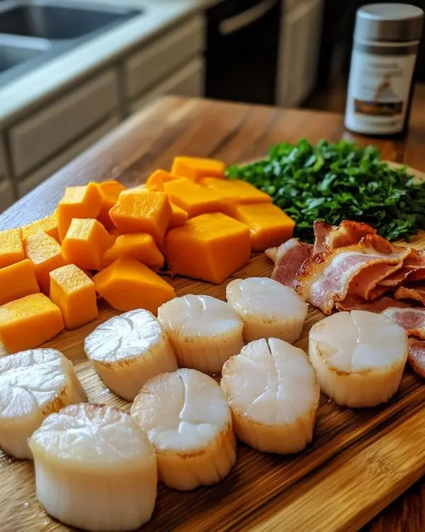 Les ingrédients pour Noix de Saint-Jacques, Velouté de Butternut & Crumble de Bacon