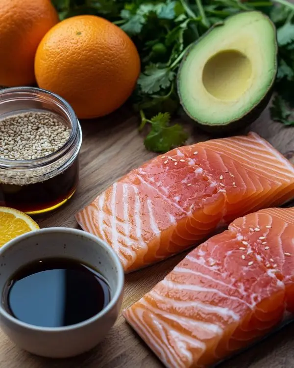 Les ingrédients pour Tataki de Saumon Laqué à l'Érable avec salade d'agrumes & avocat