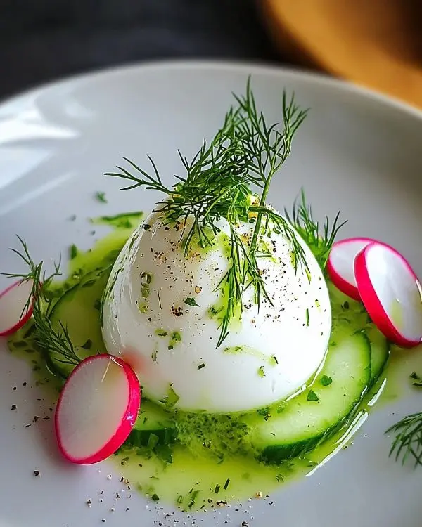 Île Flottante Salée en Trompe-l'Œil 3 Mousse de Chèvre sur Gaspacho de Concombre, Aneth & Radis Rose