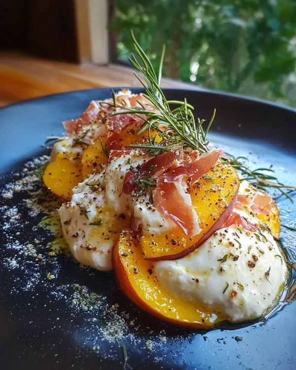 Burrata Crémeuse sur Pêches Rôties 3 Recette Burrata Crémeuse sur Pêches Rôties au Romarin & Crumble de Jambon Cru