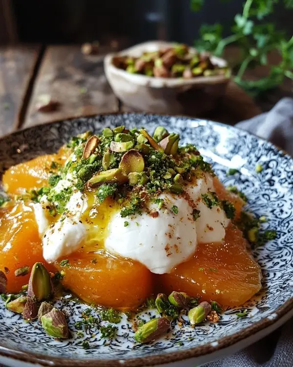 Recette Burrata sur Carpaccio de Kaki, Vinaigrette au Miel & Za'atar, Éclats de Pistaches