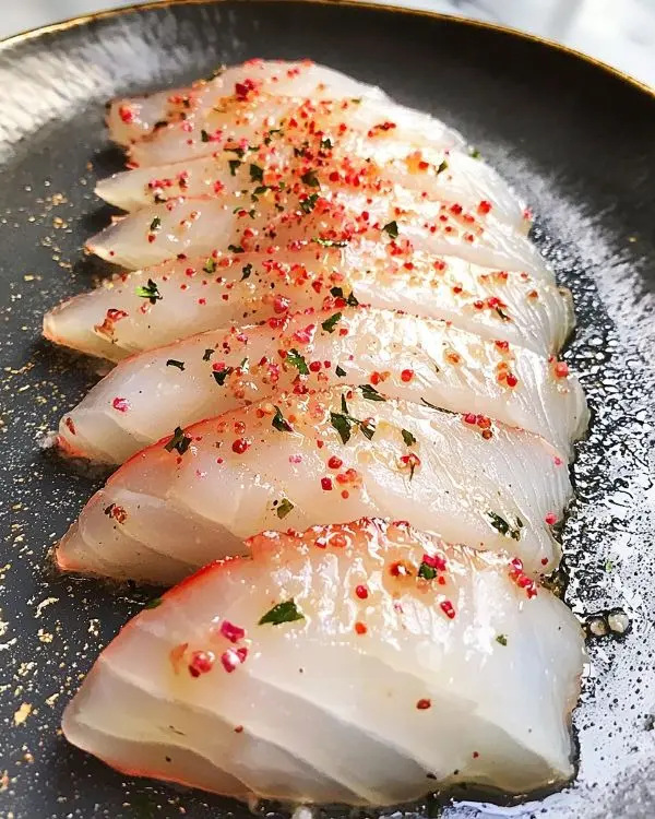 Recette Carpaccio de Bar, Vinaigrette Litchi-Rose