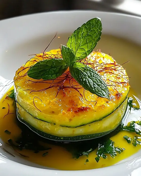 Recette Île Flottante Salée au Safran sur Velouté Froid de Courgette à la Menthe