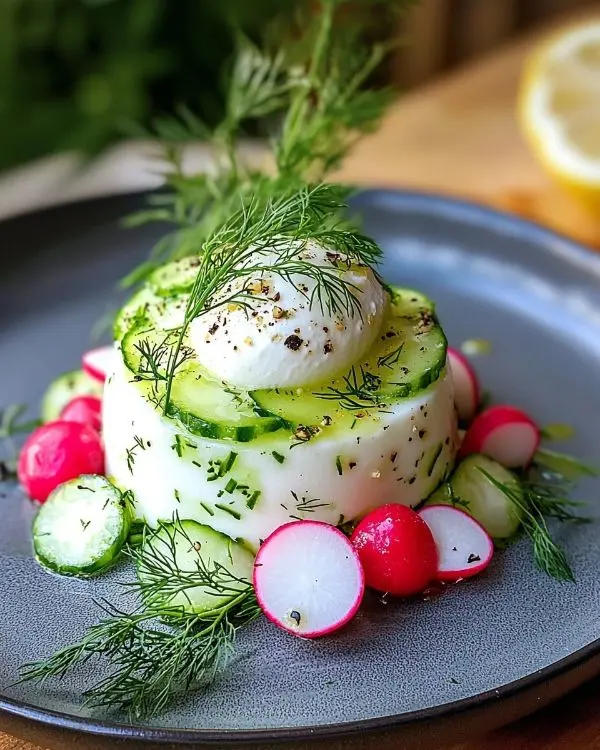 Île Flottante Salée en Trompe-l'Œil 4 Recette Mousse de Chèvre sur Gaspacho de Concombre, Aneth & Radis Rose