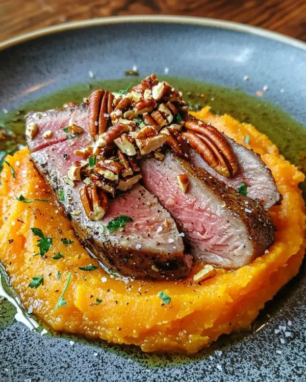 Recette Tataki de canard, purée de patate douce à l'orange et crumble aux noix de pécan