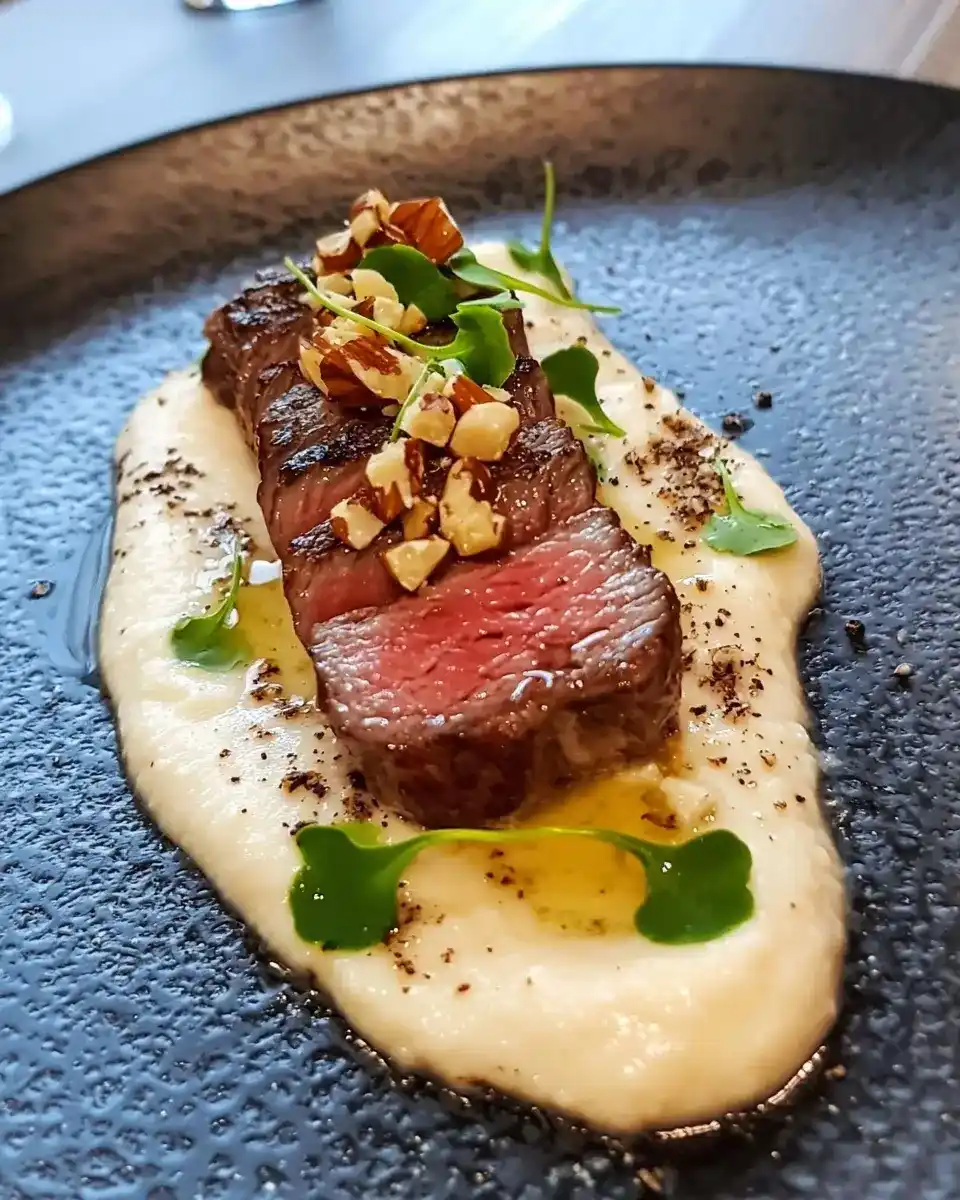 Tataki de Bœuf Exceptionnel 1 Tataki de Bœuf, Purée de Panais à la Truffe & Éclats de Noisettes