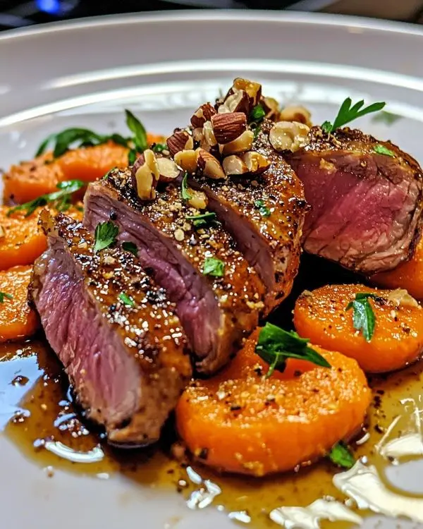 Tataki de Canard Purée de Carottes à l'Orange 3 Tataki de Canard Purée de Carottes à l'Orange & Crumble de Noisettes