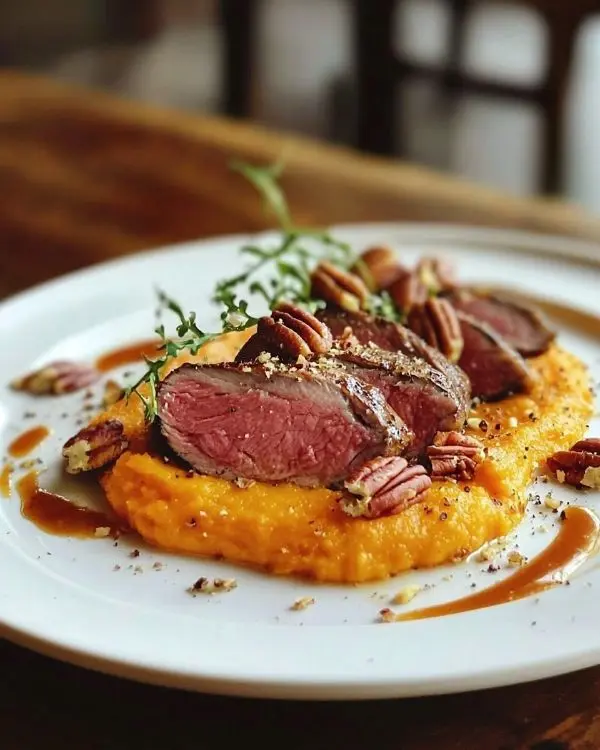 Tataki de canard, purée de patate douce à l'orange et crumble aux noix de pécan